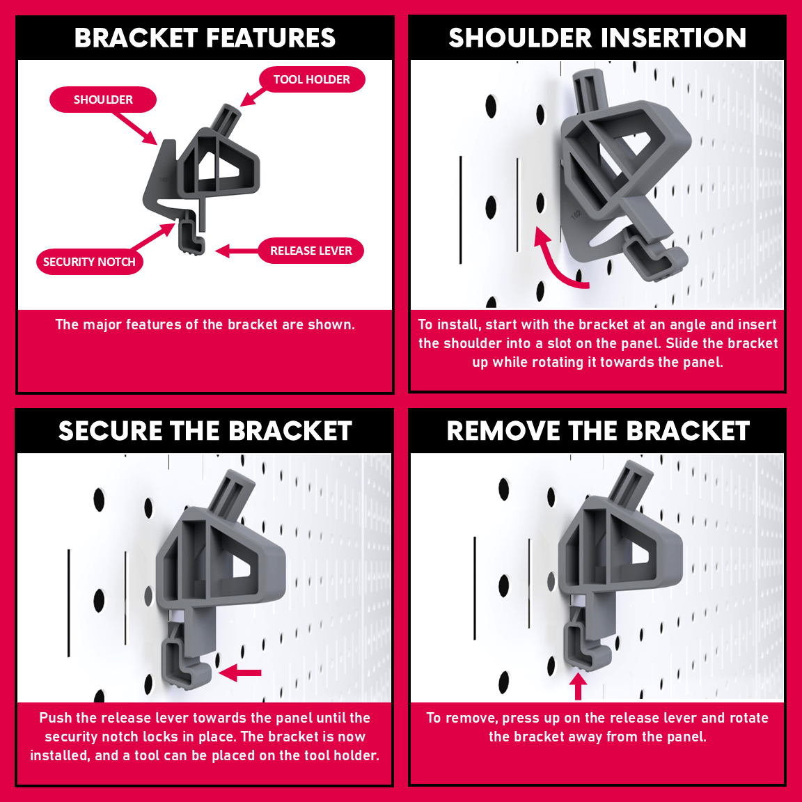 Installation Details of TROPEK 102 Bracket for Wall Control Slotted Pegboard.