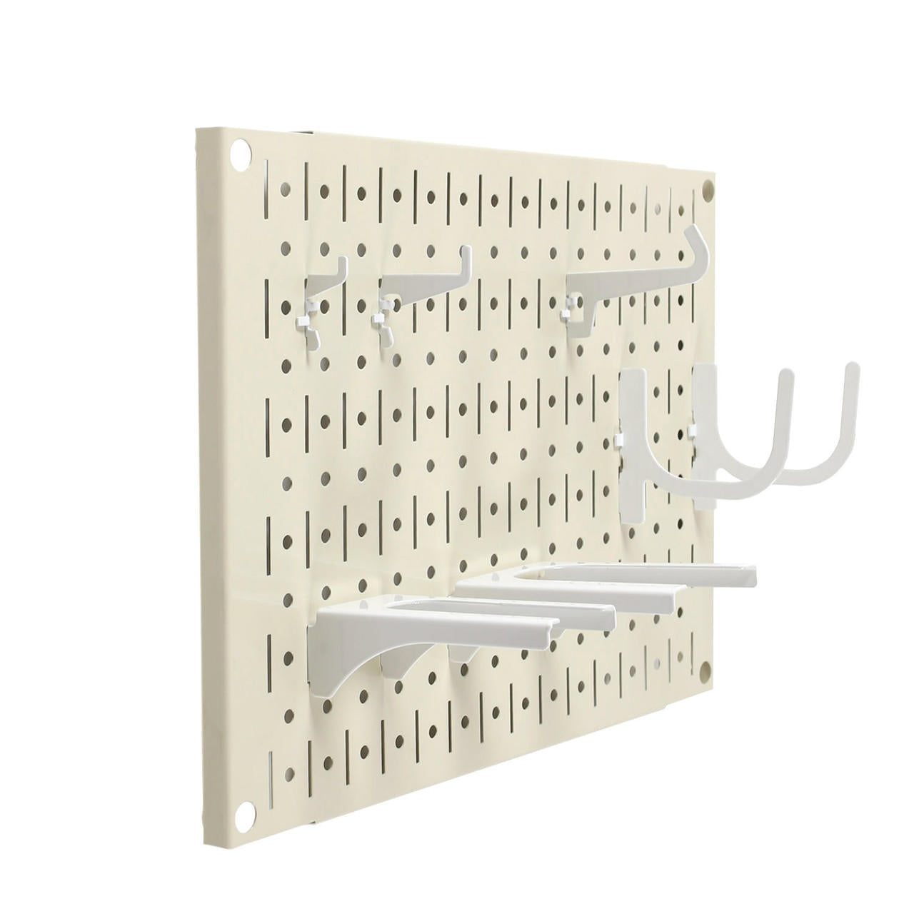 Small Beige Pegboard with White Hooks and Accessories