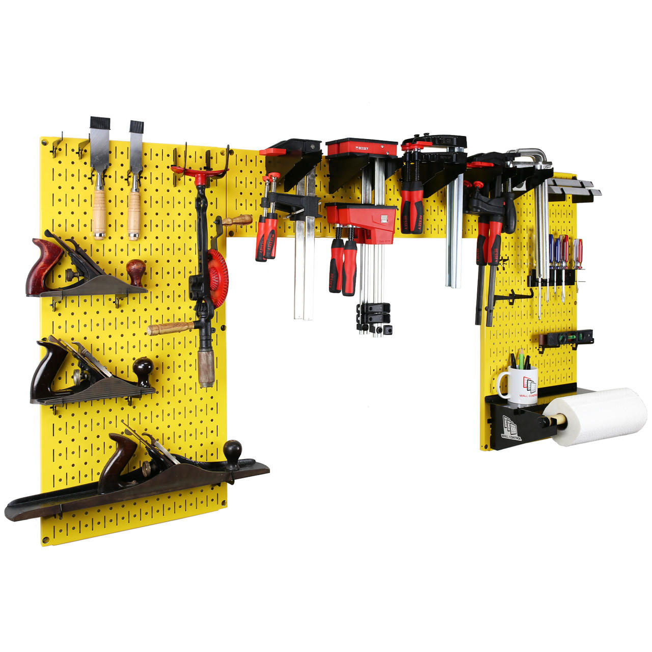 Yellow Metal Pegboard Tool Storage for Woodworkers