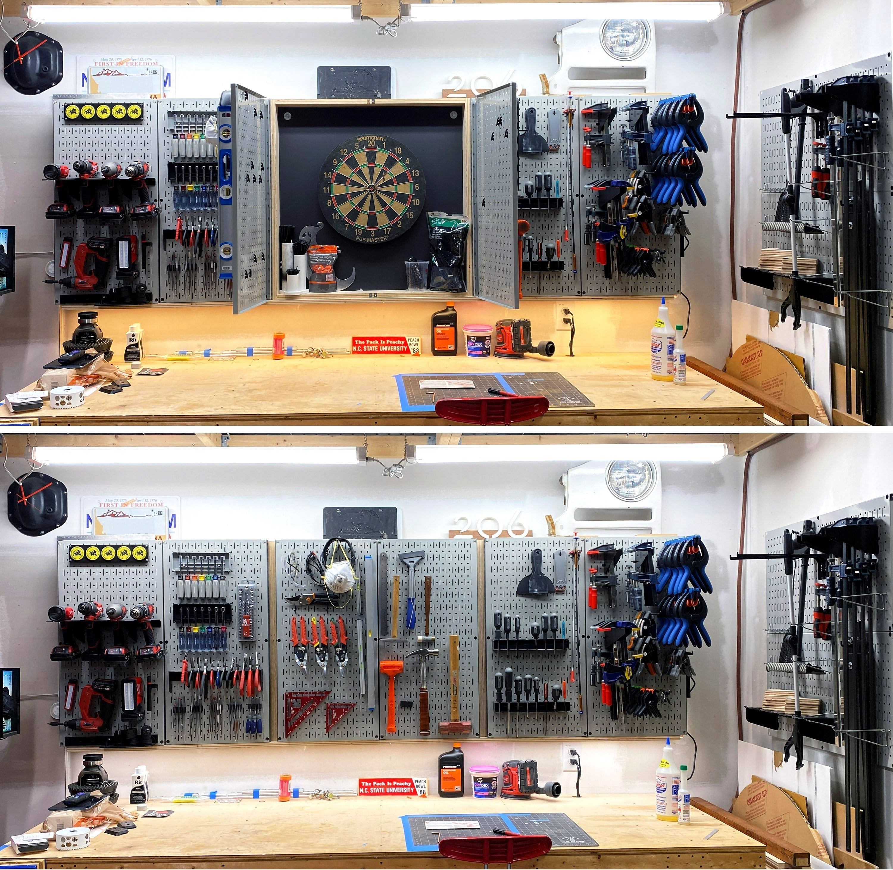 Garage Workshop Organization Meets a Custom Pegboard Dartboard Cabinet