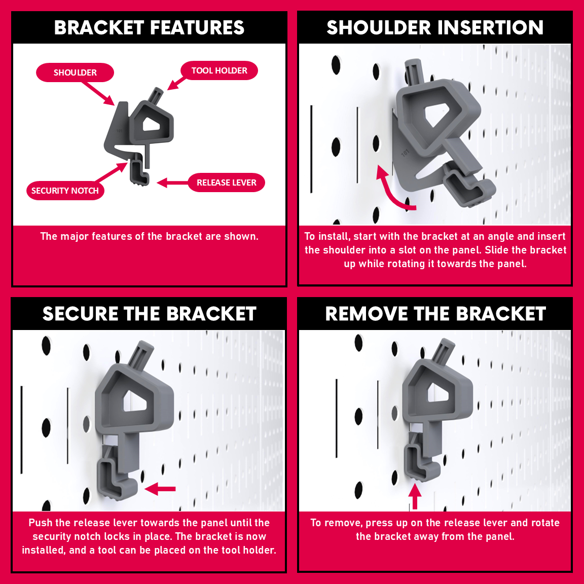 Infographic showing how to insert and remove the TROPEK™ 101 Bracket on a Wall Control™ panel.