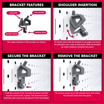 Infographic showing how to insert and remove the TROPEK™ 101 Bracket on a Wall Control™ panel.