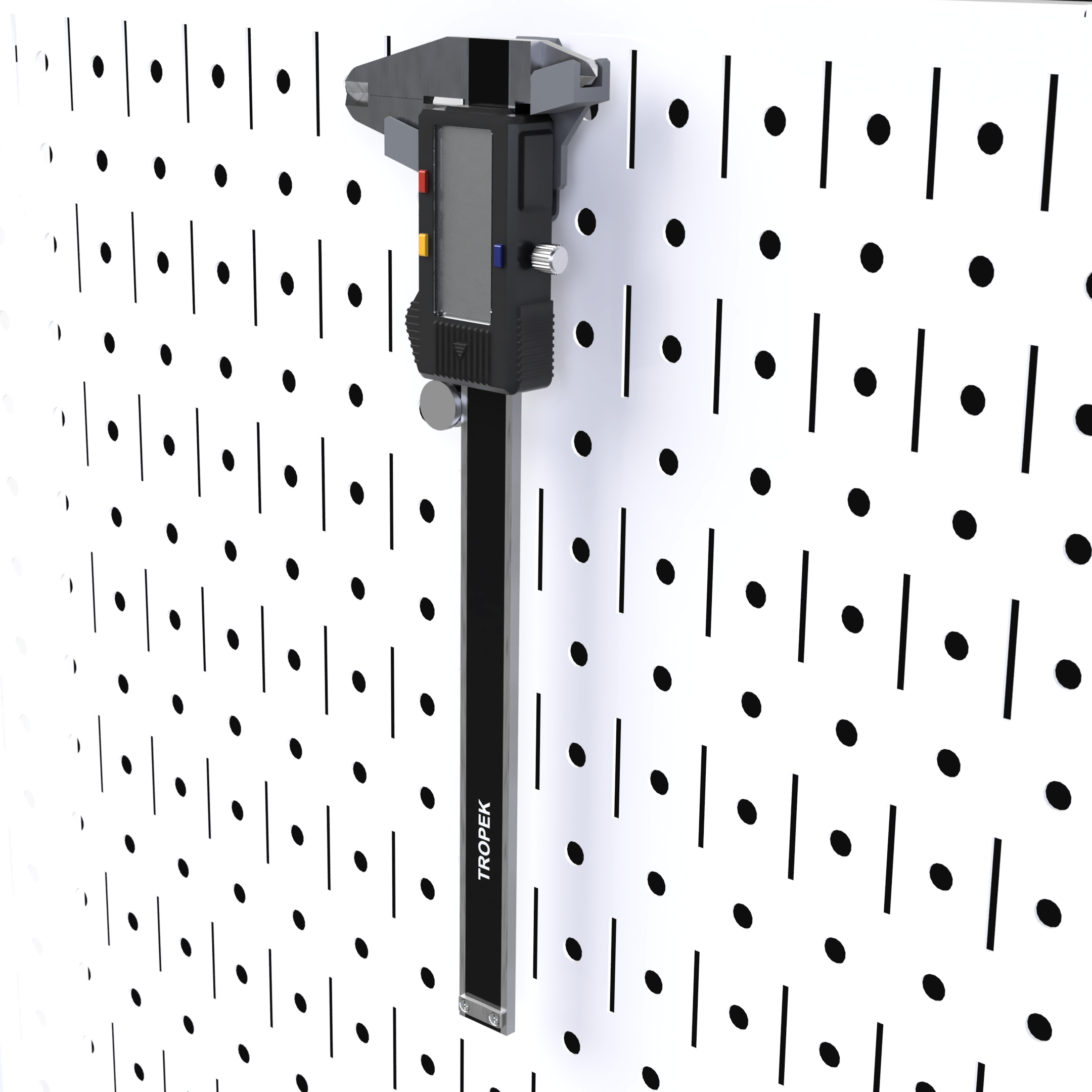 TROPEK™ 116 Caliper Bracket securely holding a 6-inch digital caliper on a Wall Control™ panel.