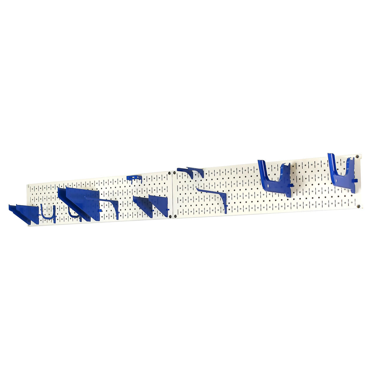 Wall Storage Rack with Tan Colored Pegboards and Blue Hooks