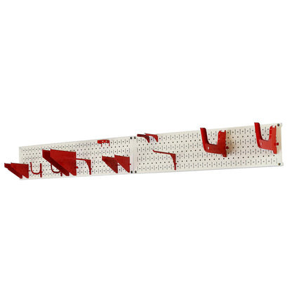 Colorful Red Tool Storage Accessories on Tan Colored Peg boards