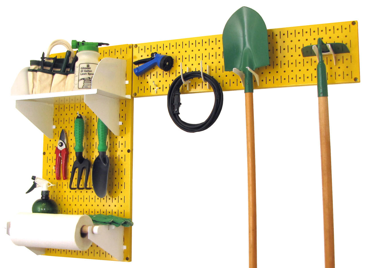 colored pegboard for garden tool storage