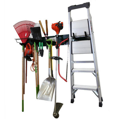 Green Metal Pegboard for Garden Tool Storage Area
