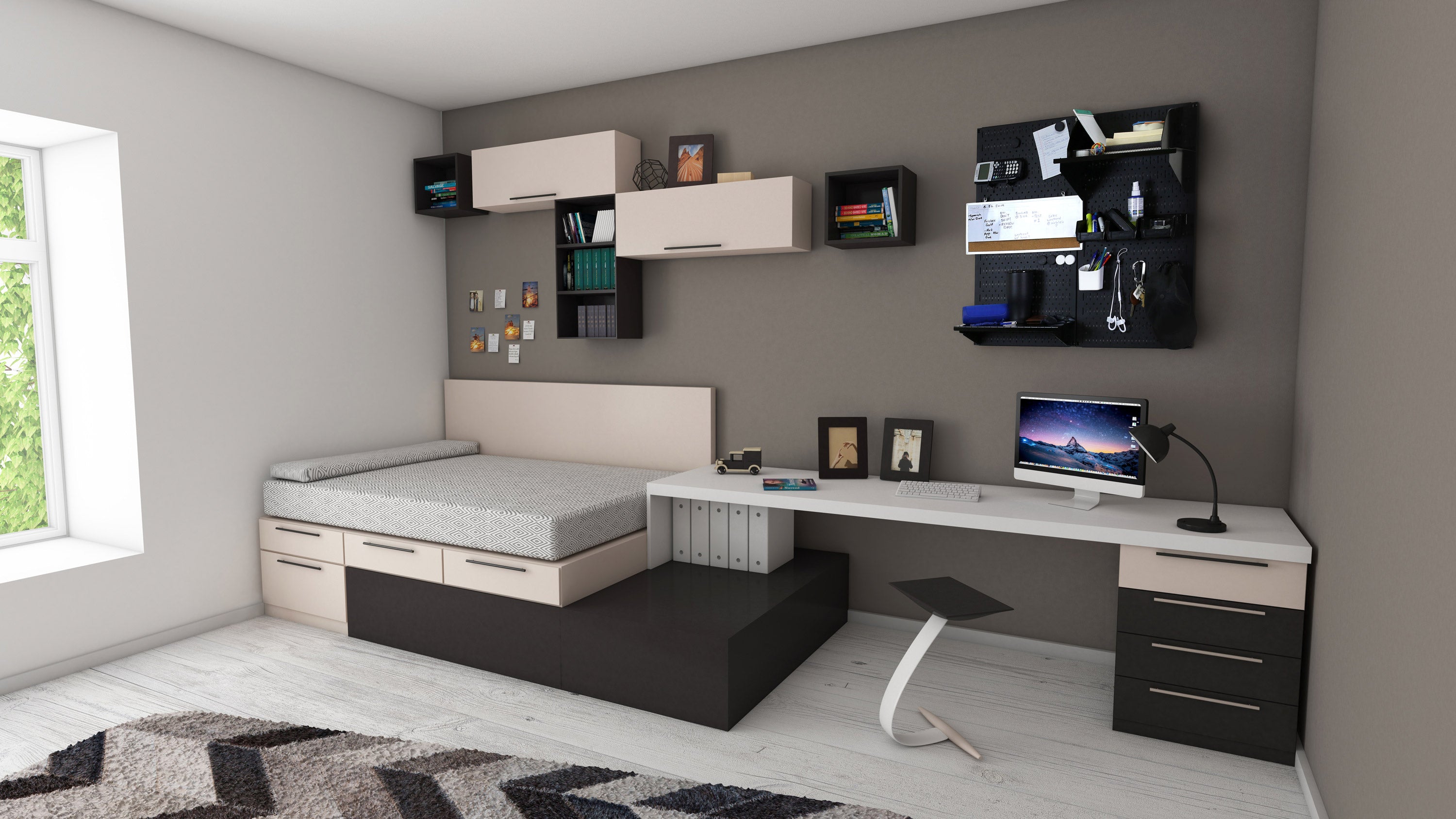 Modern bedroom with a bed, desk, and shelves.