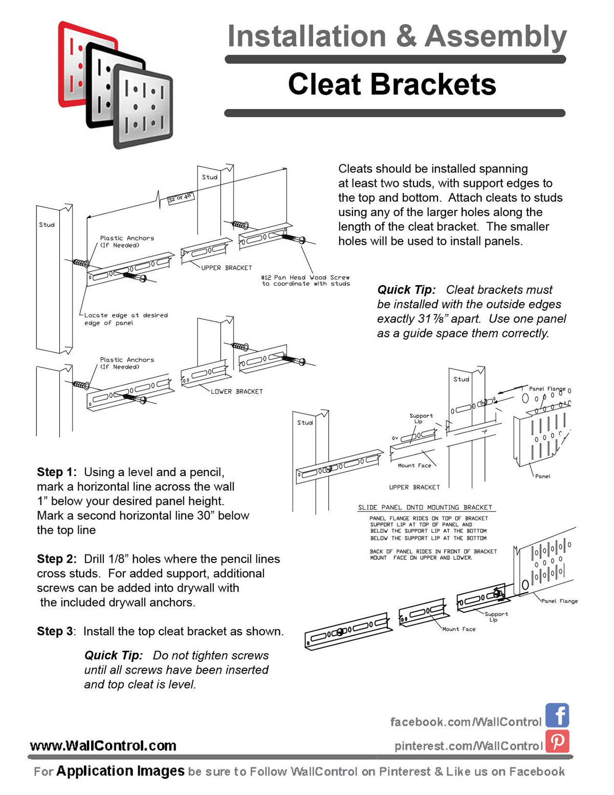 Wall Cleat Installation Bracket instructions, steps 1-3: mark level lines and install the top cleat