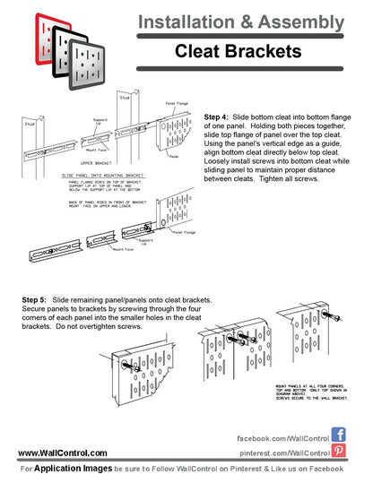 Wall Cleat Installation Bracket instructions, steps 4-5: set the bottom cleat and screw panels to the cleats