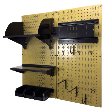 Empty Wall Control gold pegboard panels with black metal shelves, bins, and hooks for craft or tool wall organization.