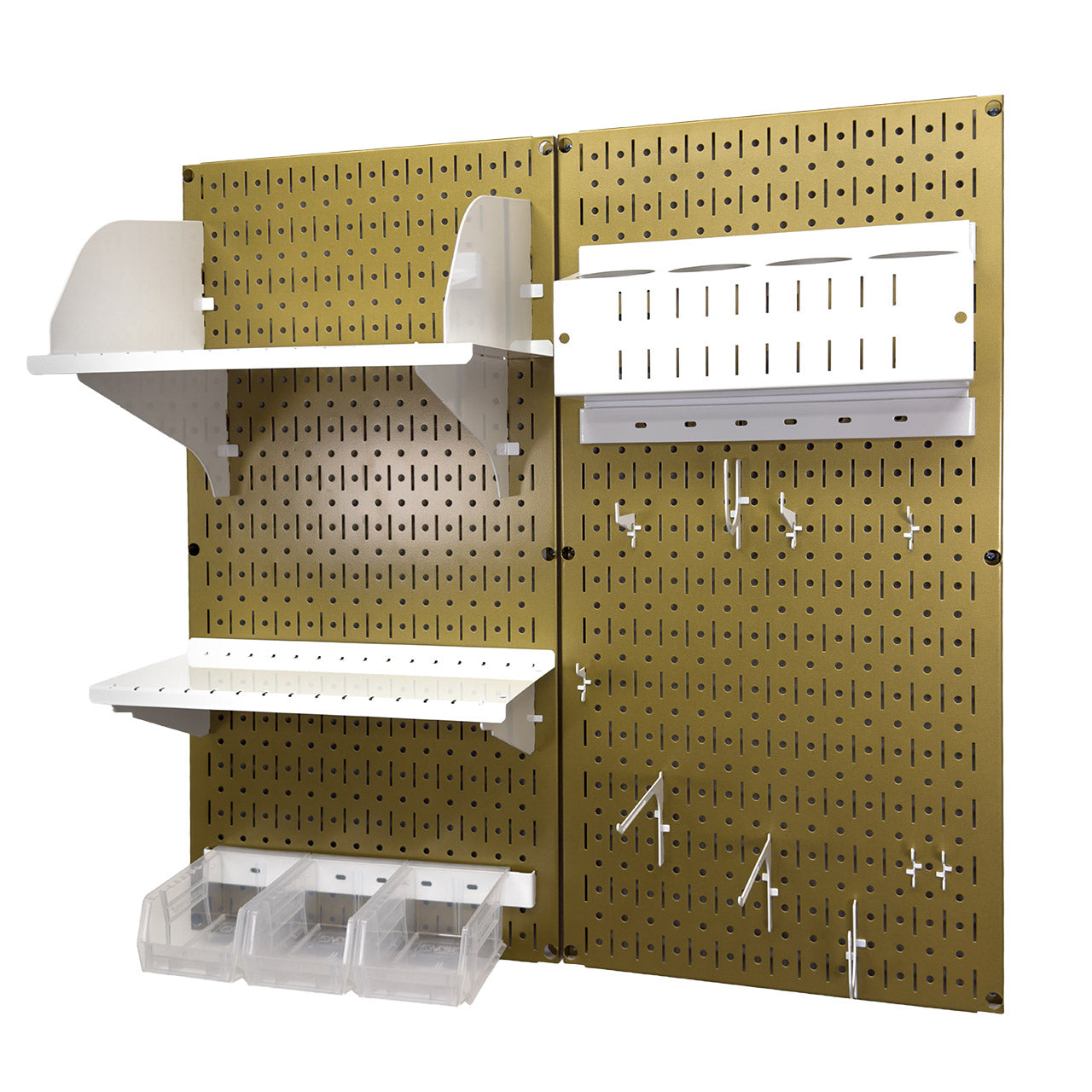 Empty Wall Control gold metal pegboard craft kit with white shelves, bins, and hooks ready for workspace organization.