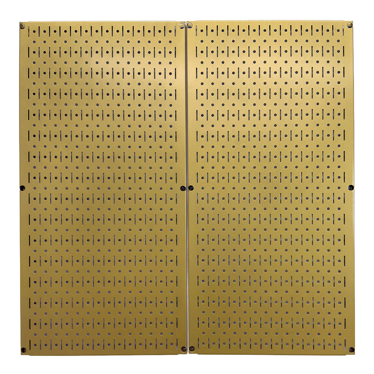 Two Wall Control gold metal pegboard panels mounted side by side, perfect for kitchen or garage wall storage.
