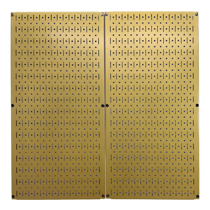Two Wall Control gold metal pegboard panels mounted side by side, perfect for kitchen or garage wall storage.