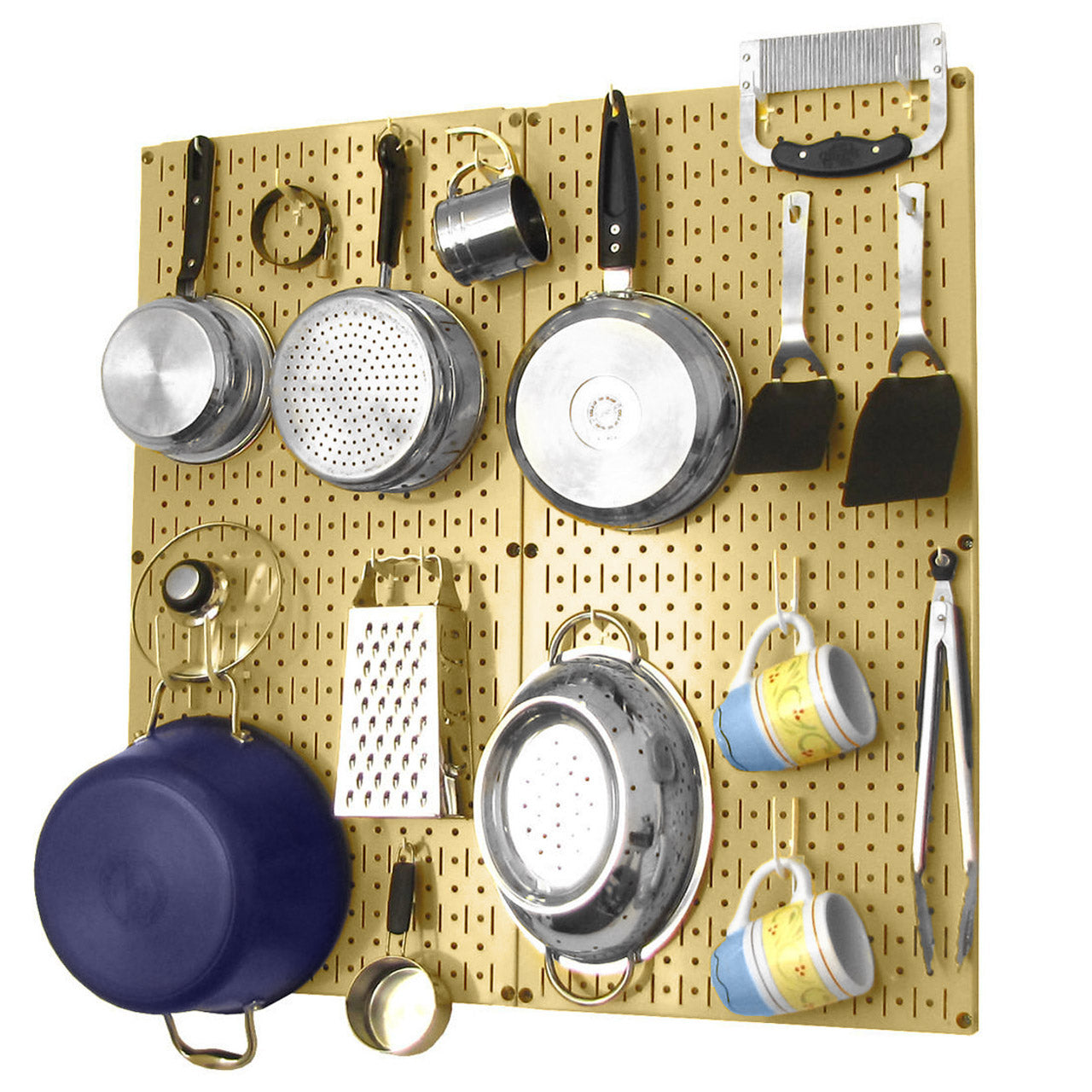 Wall Control gold metal pegboard with cookware and utensils neatly organized, ideal for kitchen or pantry walls.