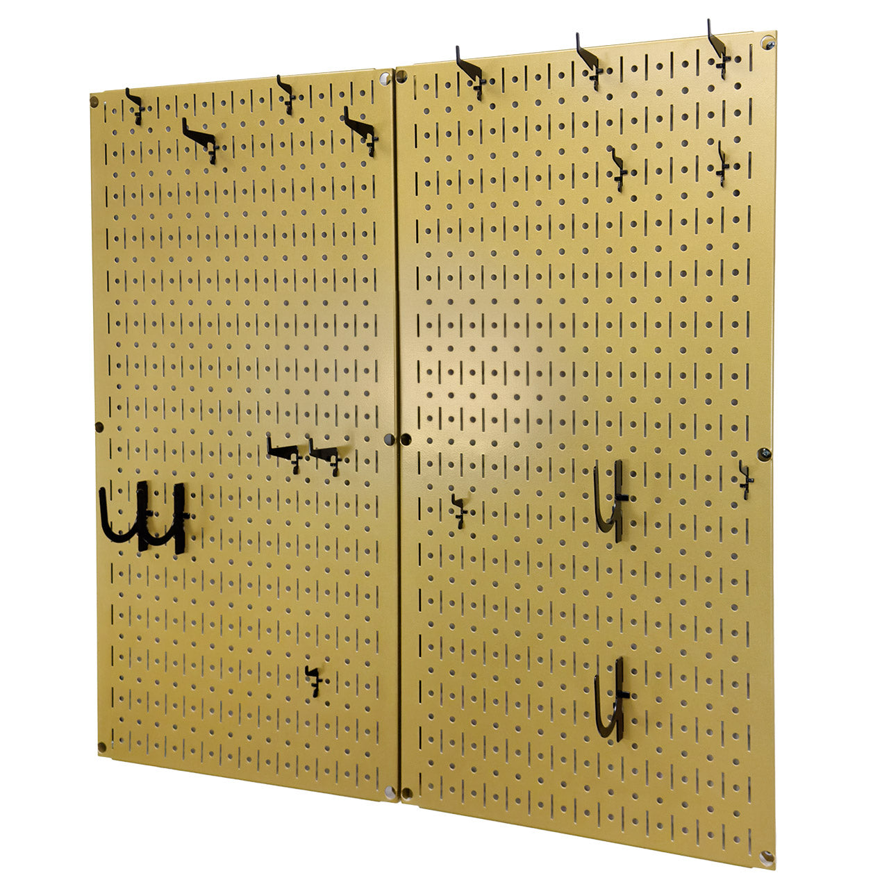Wall Control gold metal pegboard system with black hooks and brackets arranged for kitchen organization.
