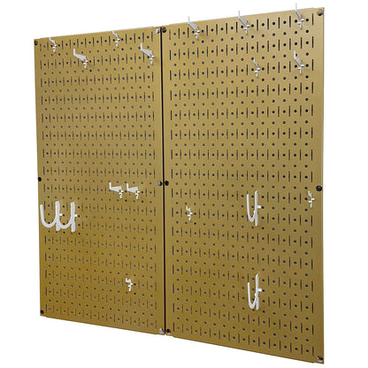 Wall Control gold metal pegboard panels fitted with white pegboard hooks and brackets for kitchen storage.